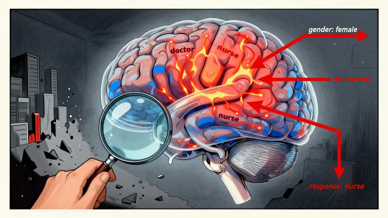 A human brain with a heatmap and causal arrows showing bias, while bar charts crumble behind a magnifying glass over LIDA.