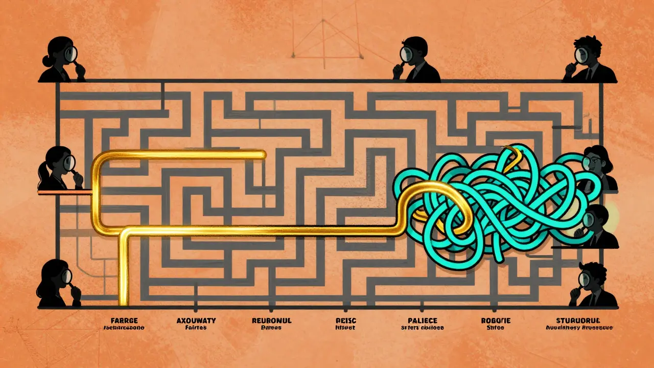 A labyrinth of colored threads representing model performance across multiple metrics, with researchers examining them.