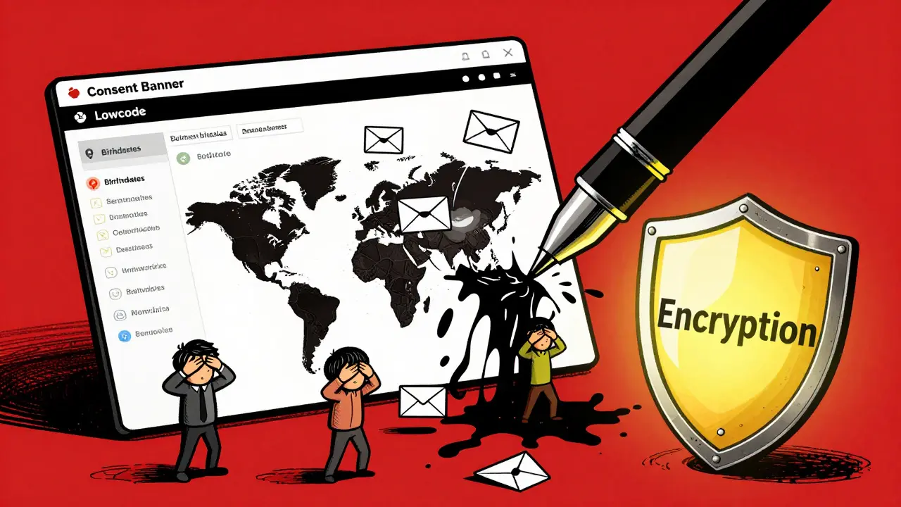 Data leaking from an app dashboard as users react, with consent and encryption as heroes