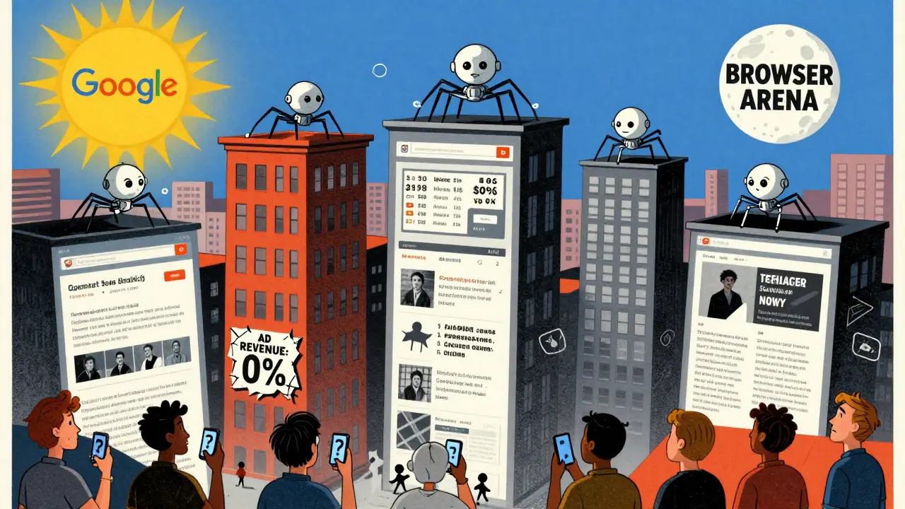 A city made of websites is crawled by AI agents as humans below watch helplessly, rendered in dramatic Polish poster aesthetics.