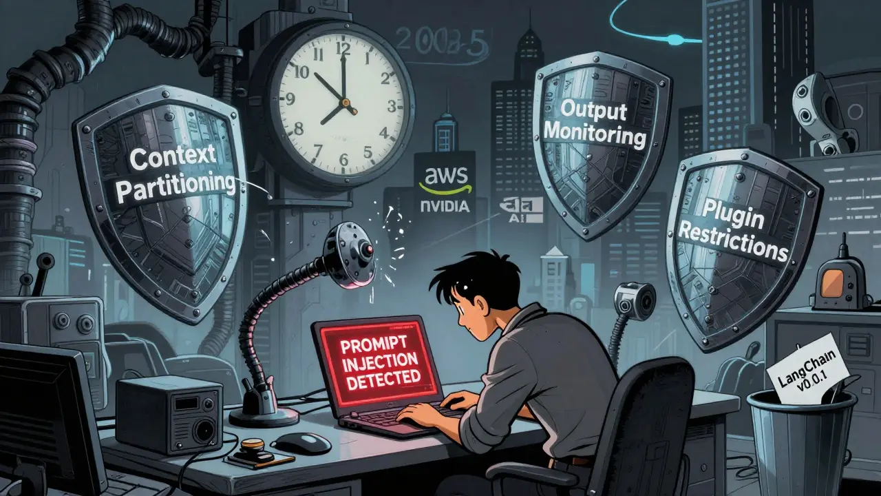 A developer building AI defenses as futuristic security tools rise in the background, clock showing 2025.