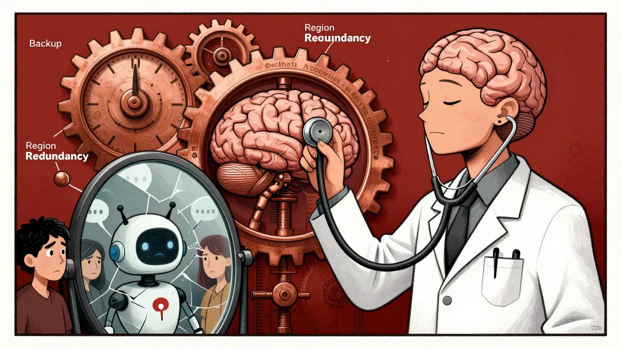 A doctor listens to a sleeping AI brain while gears turn to prevent failure.
