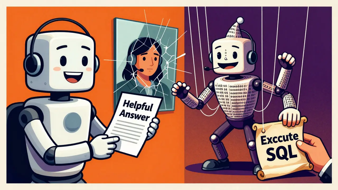 A friendly chatbot transformed into a puppet controlled by encoded text, contrasting with its original helpful self.