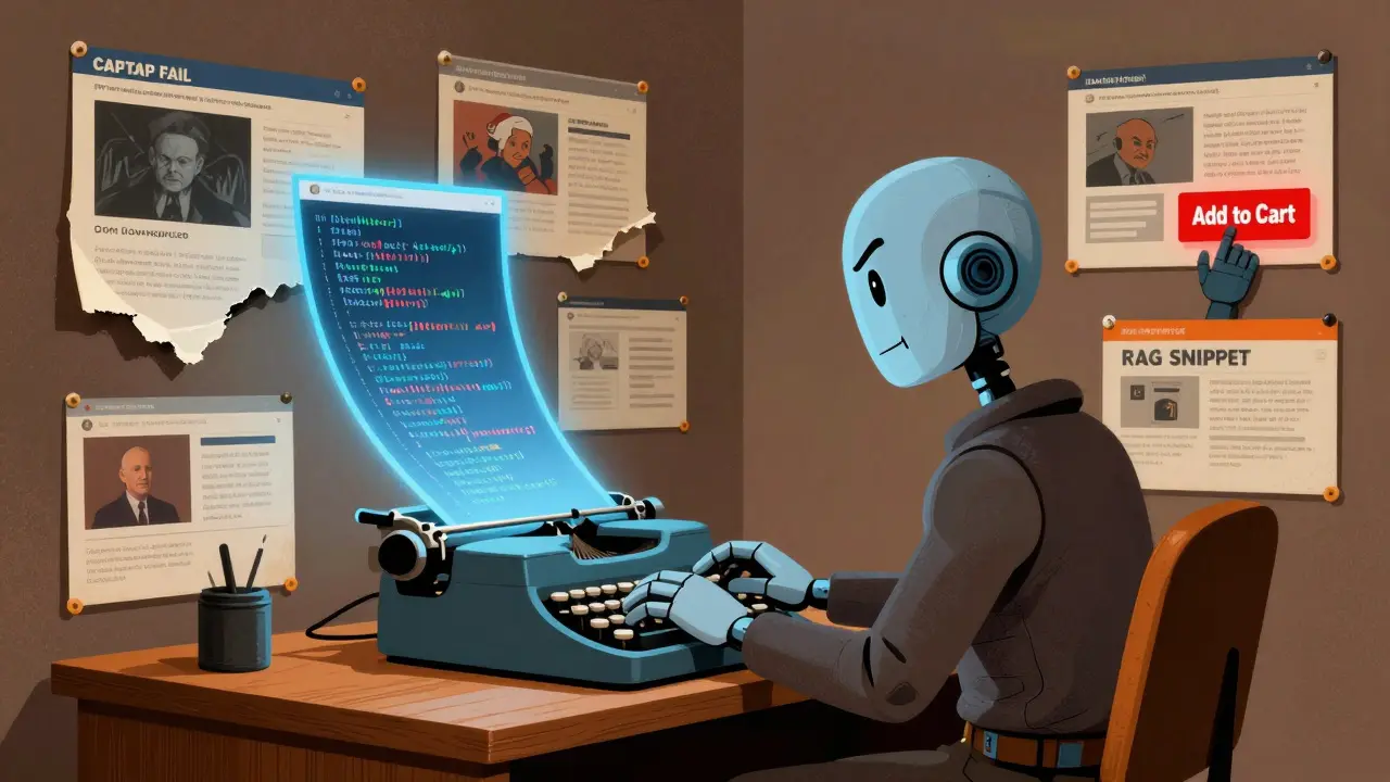 A robot types HTML code while fragmented web pages with error labels cling to a wall in stylized 1960s poster art.