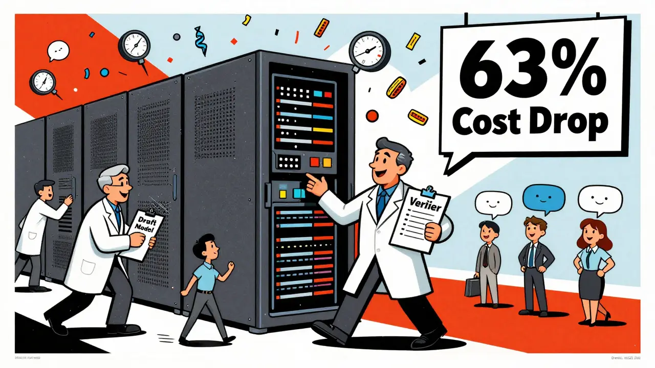 A stylized data center with worker GPUs speeding up AI responses in a retro Polish poster design.