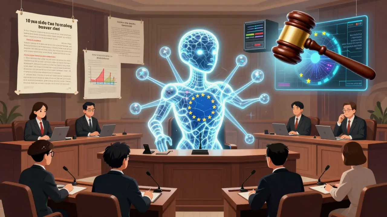 A surreal courtroom where an AI model is on trial with evidence like logs, bias charts, and watermarks floating around it.