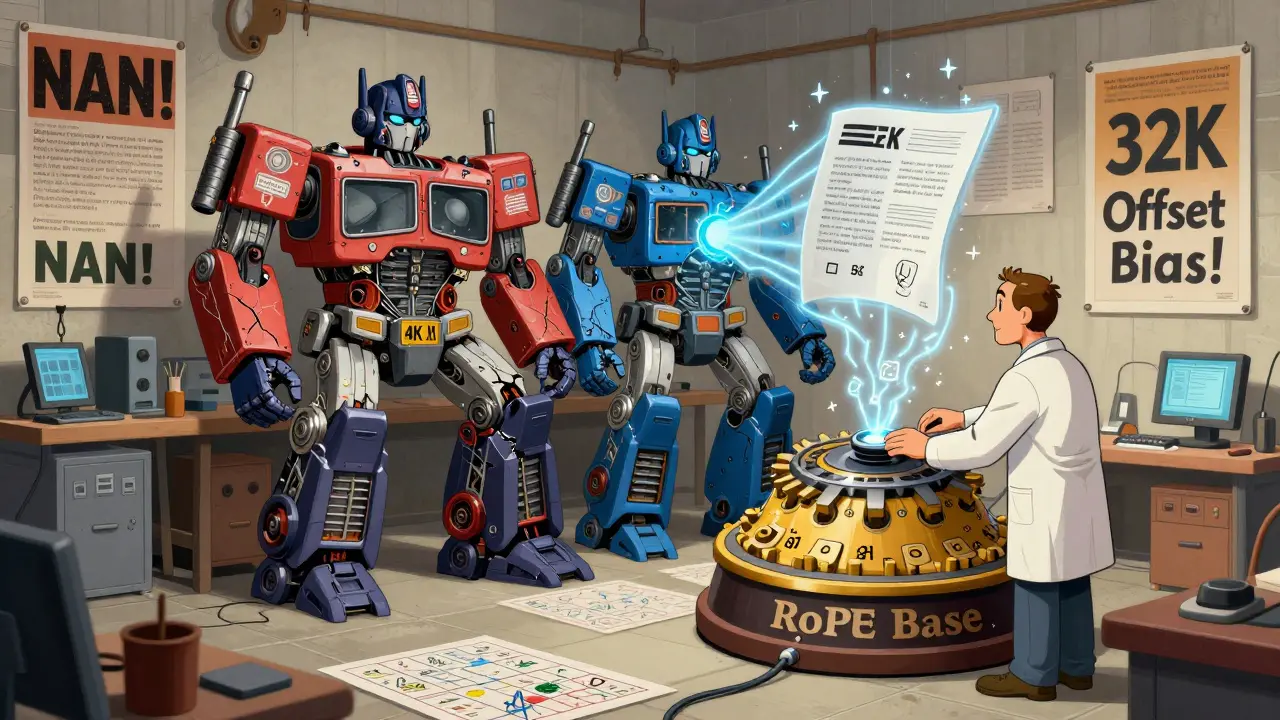 An engineer adjusting a giant rotary dial labeled 'RoPE Base' while two transformers—one broken, one glowing—represent training length limits.