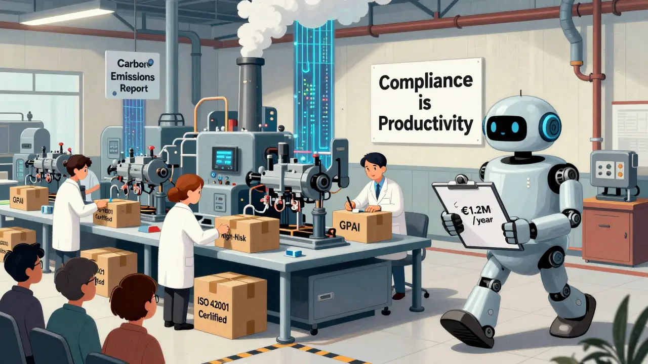 An industrial factory producing AI models with certification stamps and carbon emissions smoke, overseen by a compliance robot.