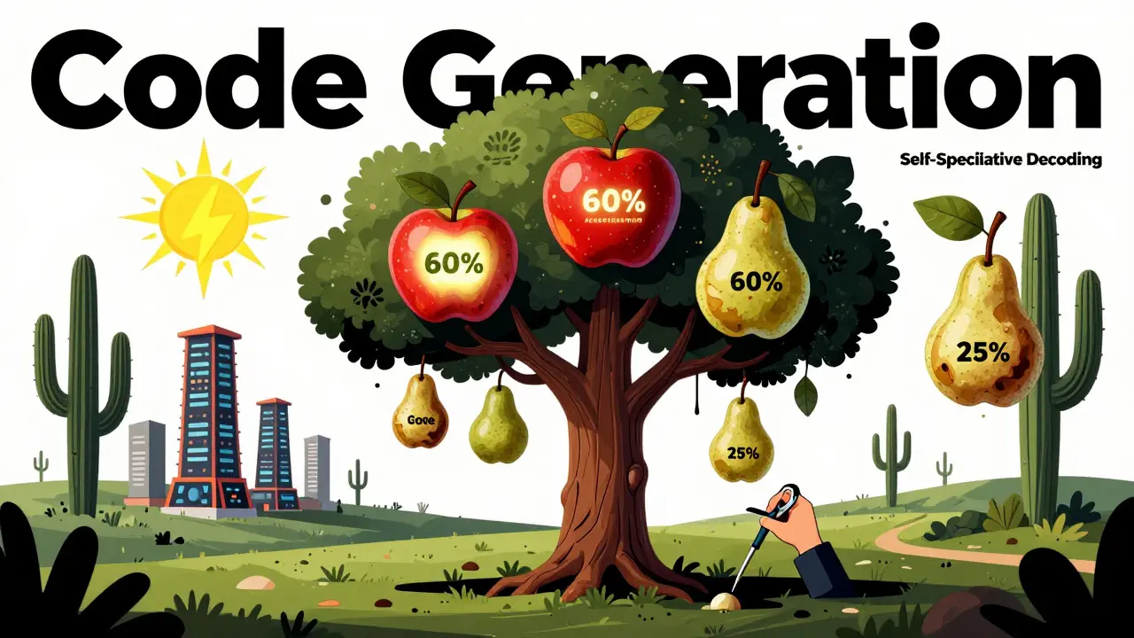 An LLM tree with fruit labeled by acceptance rates, pruned by self-speculative decoding for faster output.