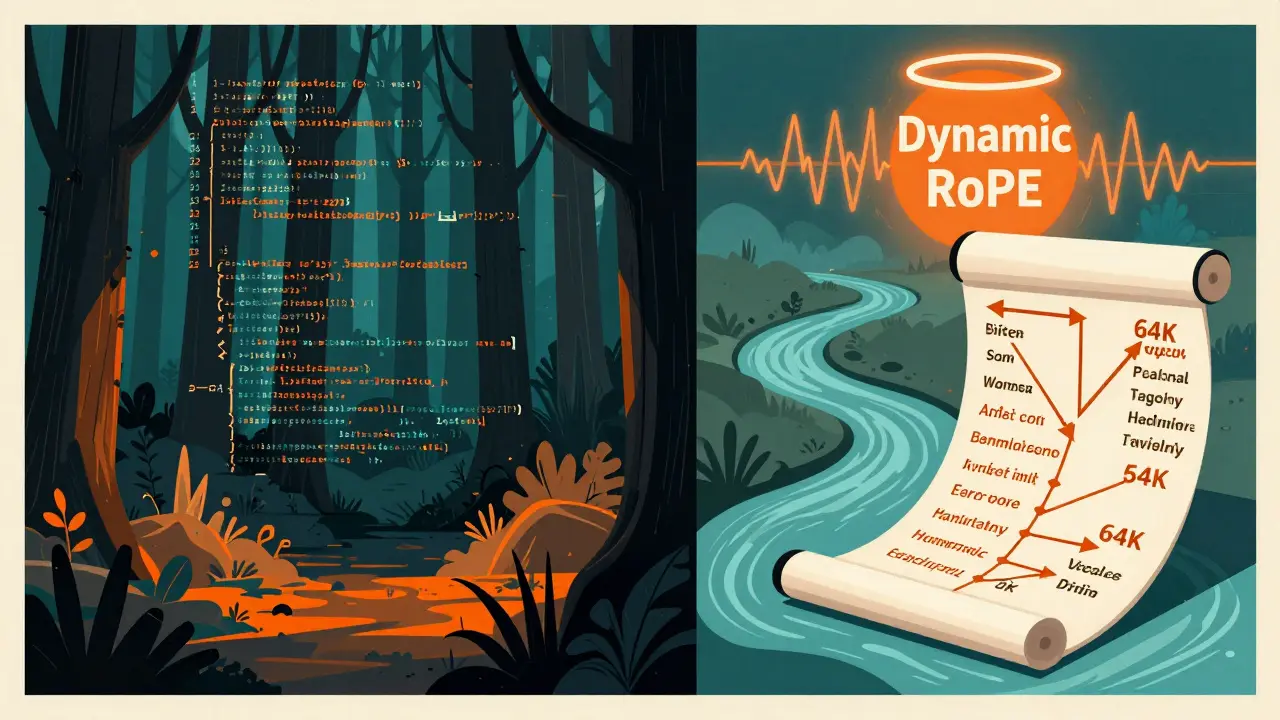Split scene: chaotic code with line numbers on left, smooth rotating token arrows guiding text on right, under a pulsing 'Dynamic RoPE' halo.