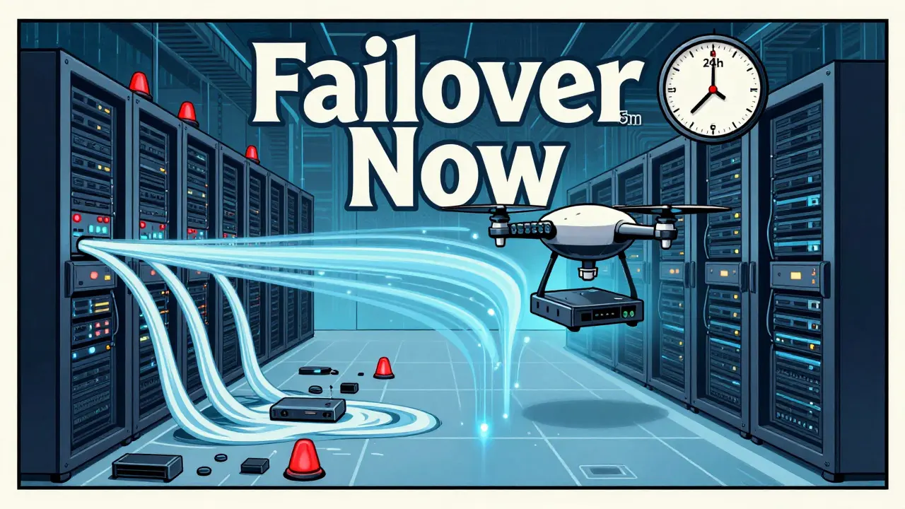 Split scene: chaotic primary data center vs. calm backup center with automated failover.