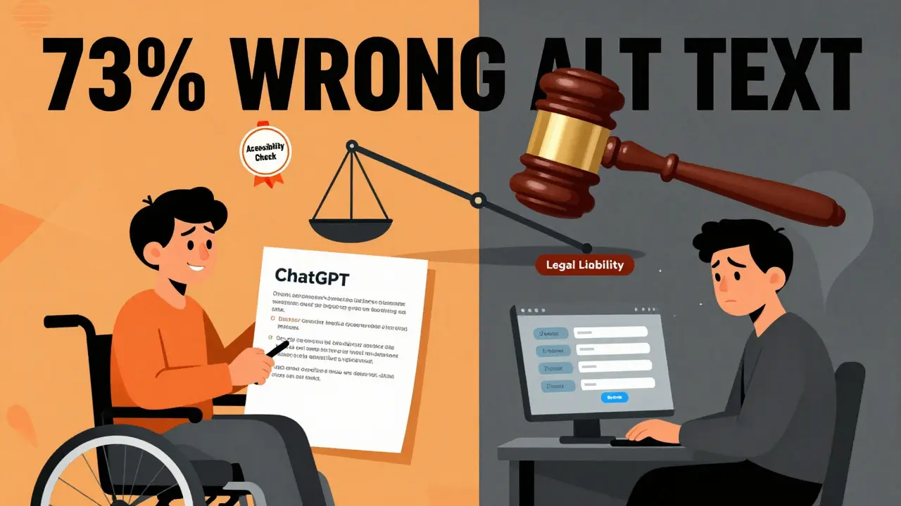 Split scene: one user helped by clear AI text, another lost in a chaotic AI interface, with a scale tipping between accessibility and legal risk.