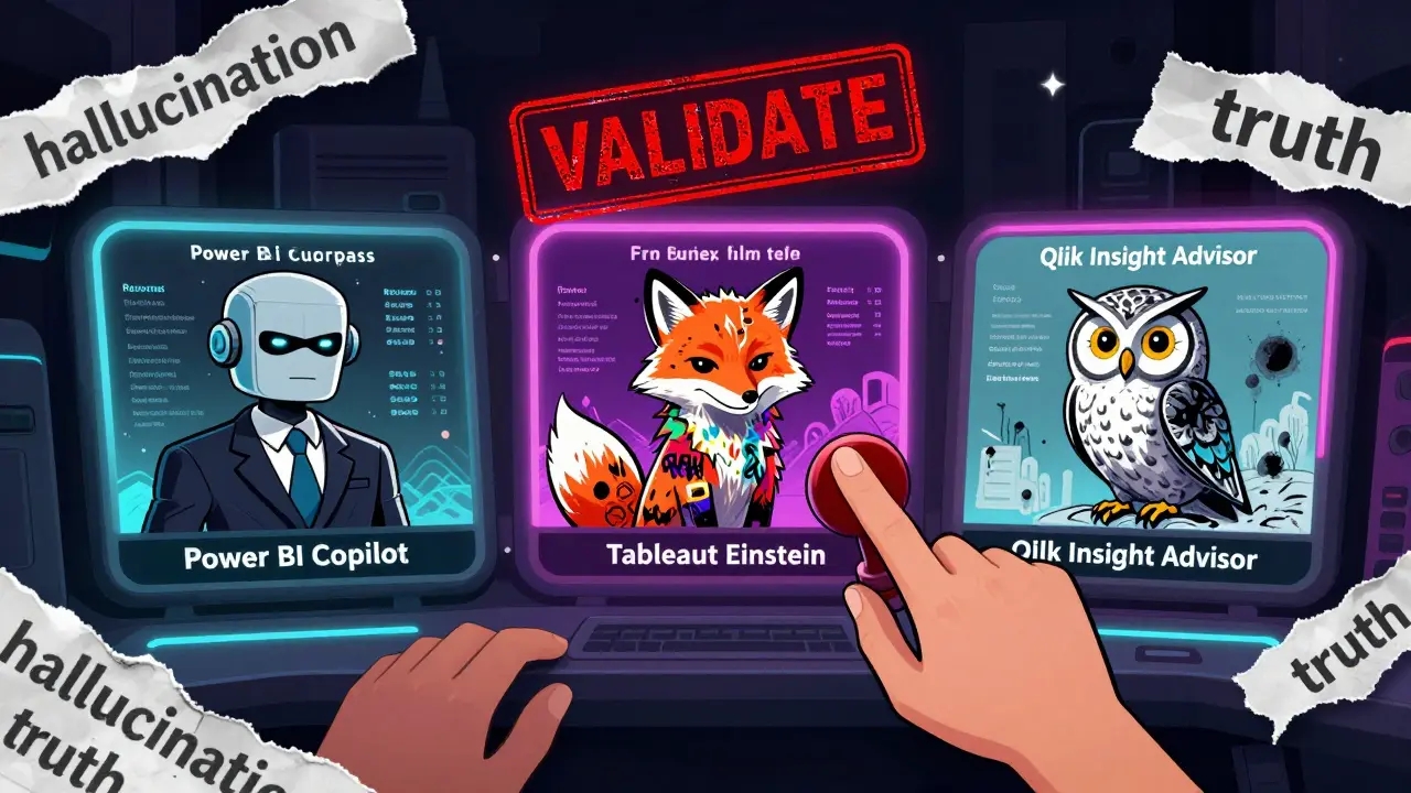 Three AI tools competing to explain sales returns, with a human hand ready to validate the truth.