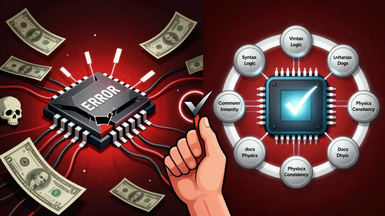 A fractured chip failing vs. a perfect one succeeding, surrounded by verification filters in a bold, symbolic Polish poster design.