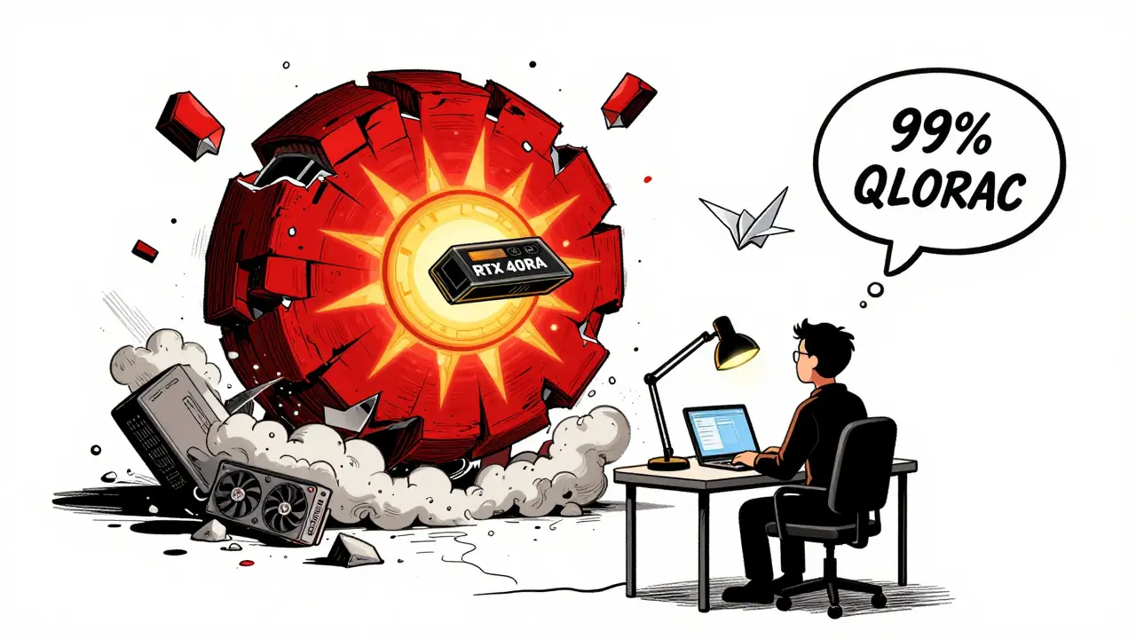 A programmer with a tiny GPU transforming a giant model into dust, while a lightweight LoRA adapter glows above.