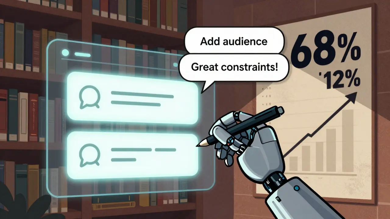 A robotic hand evaluates prompts on a library wall, with feedback bubbles and rising adoption rates in Polish poster aesthetic.