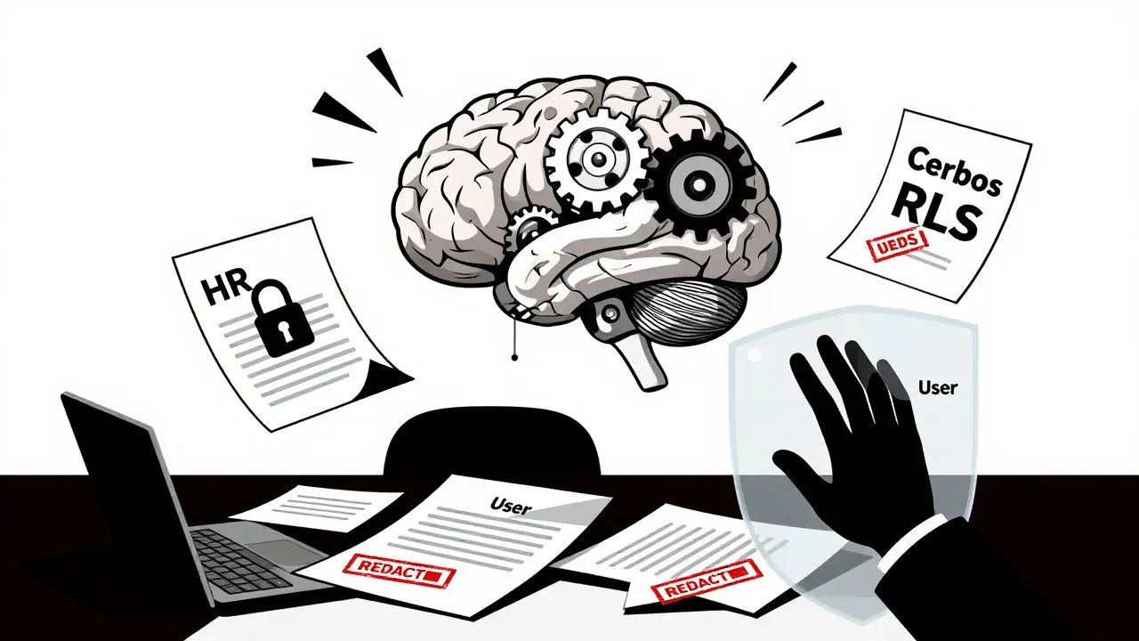 AI brain pulling documents through a shield labeled 'Cerbos RLS', with locked and redacted files around it.