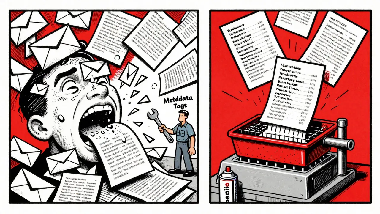 Split scene: chaotic data flooding an AI mouth vs. clean text after redaction, with an engineer applying filters.