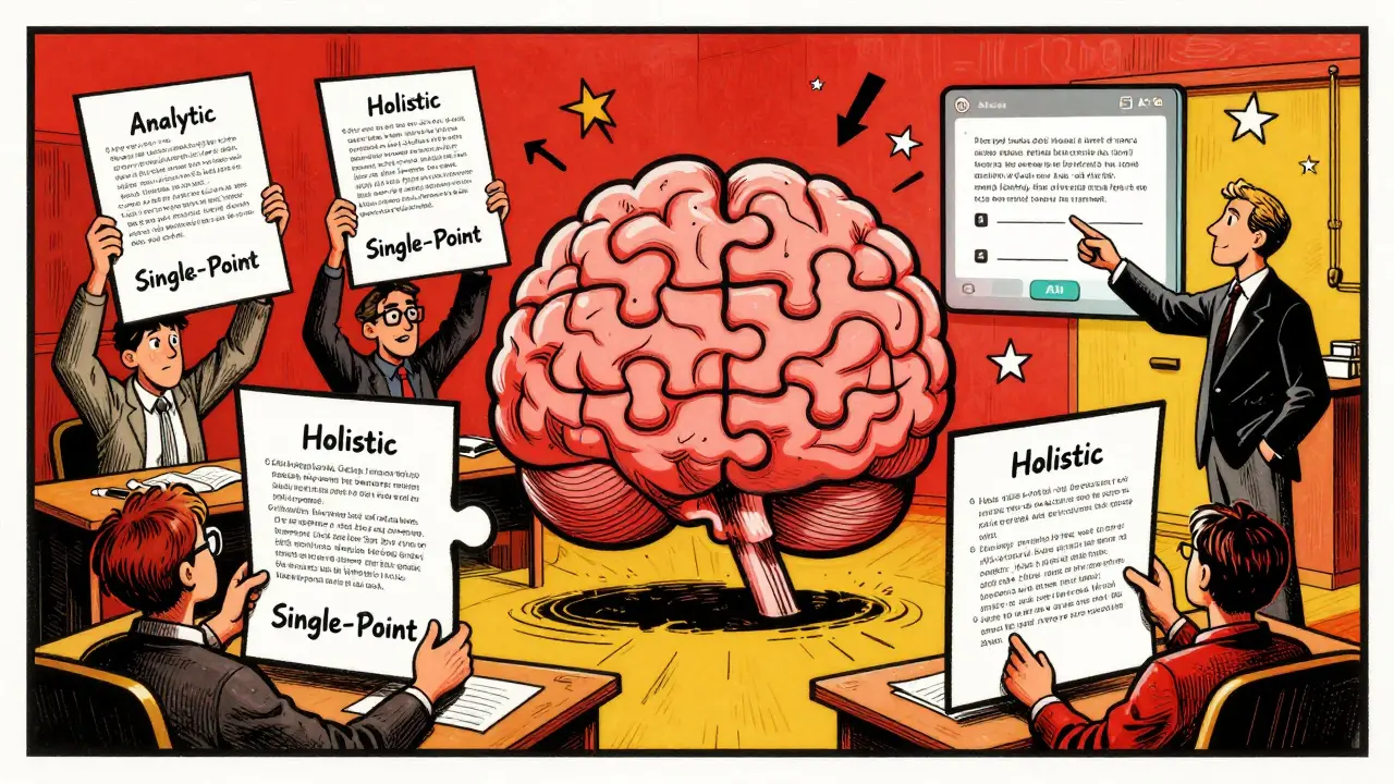 Students fitting rubric puzzle pieces into a brain mosaic, with AI output glowing above in bold Polish poster colors.