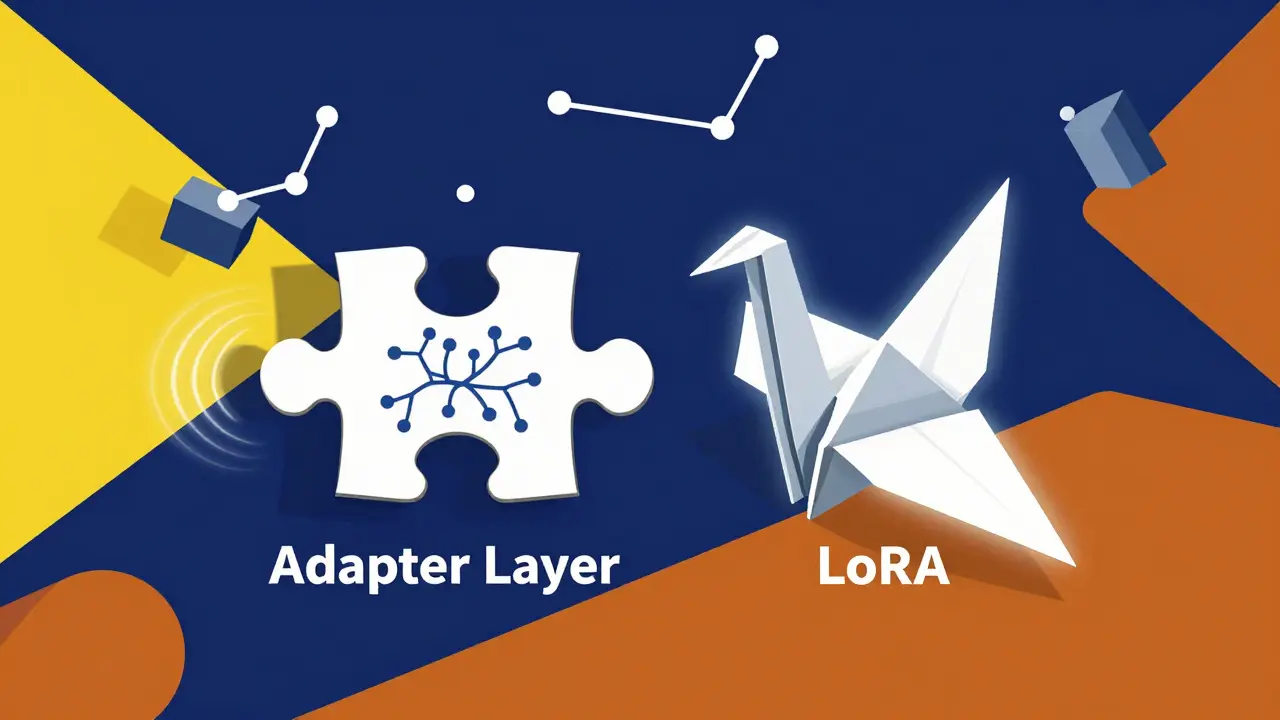 Two abstract puzzle pieces labeled 'Adapter Layer' and 'LoRA' floating amid transformer fragments in bold geometric colors.