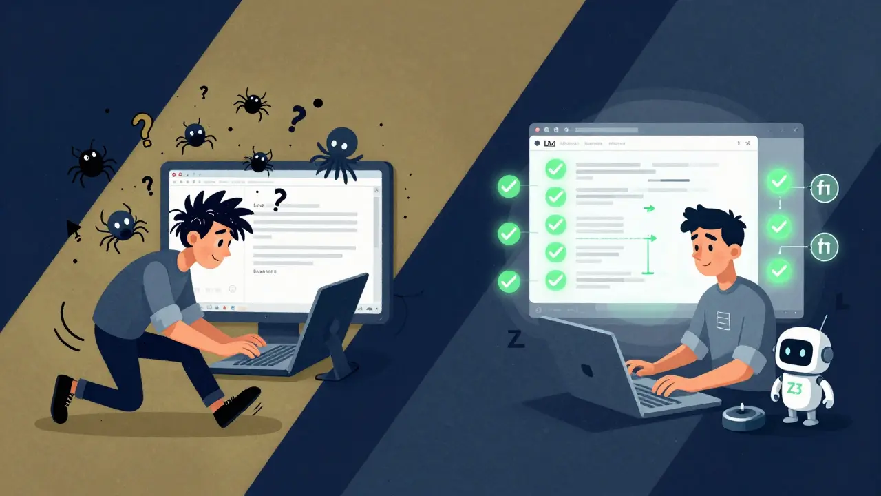 Two contrasting scenes of an engineer: one overwhelmed by bugs, the other calm beside a clean verification loop with a helpful robot.