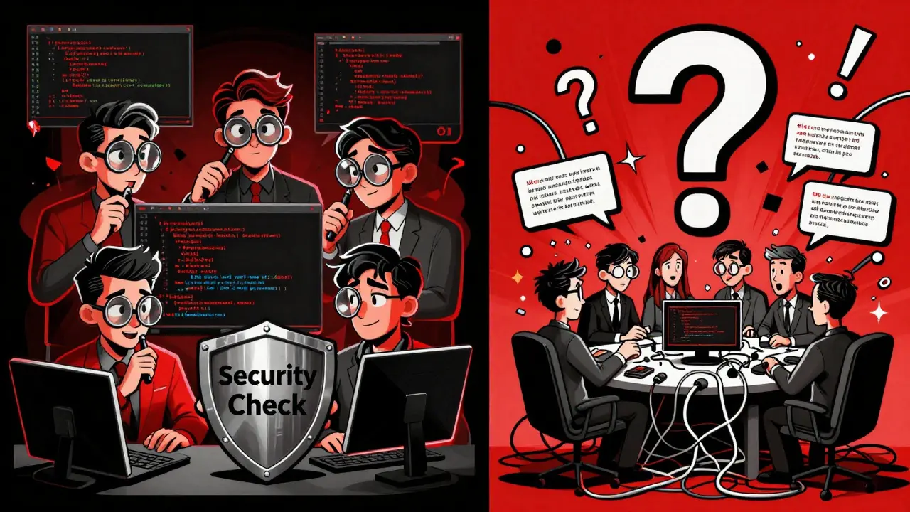 Two contrasting teams: one auditing code safely, another overwhelmed by AI-generated errors and chaos.