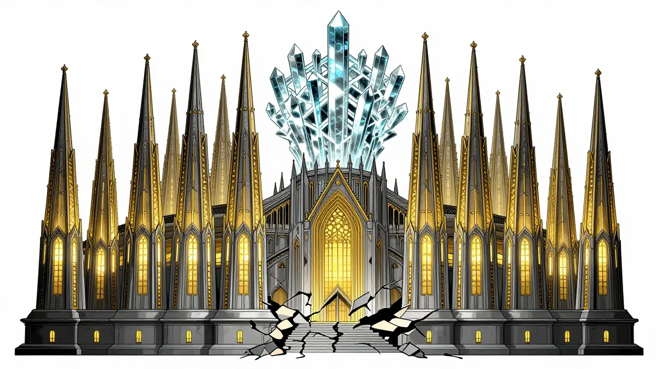 A 120-layer LLM cathedral with pre-norm spires glowing, a hybrid Peri-LN crown above, and a crumbling post-norm foundation below.