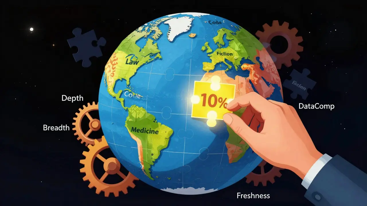 A fragmented globe puzzle being assembled with labeled data domains, guided by gears of breadth, depth, and freshness.