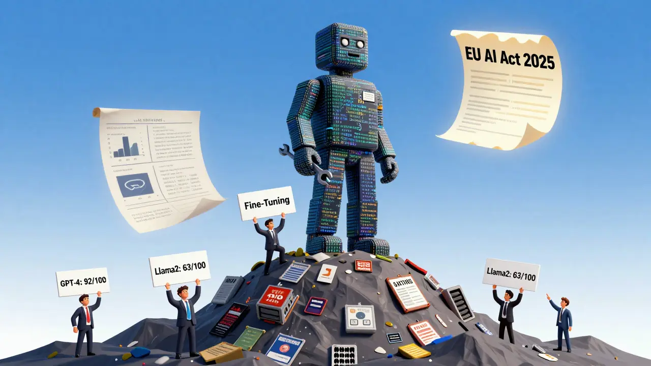 A giant LLM statue towering over outdated security tools, with regulatory flags and model scores below.