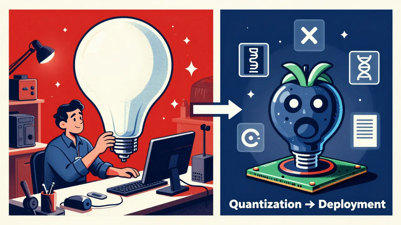 A technician shrinking a large language model using QLoRA, with a Raspberry Pi deploying it