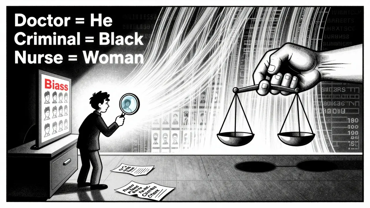 A tester examining biased AI responses while a wall of data flows behind, shadow cast as a fist tipping a scale toward inequality.
