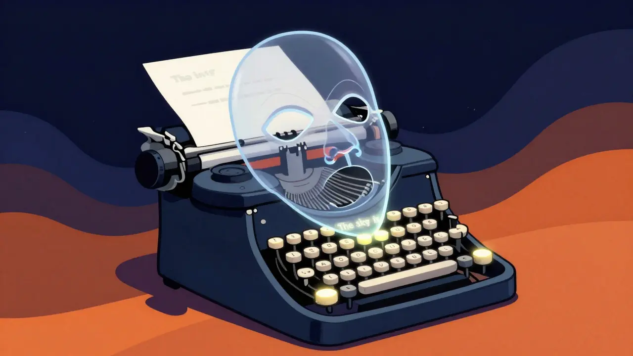 A typewriter with 96 glowing keys and a diagonal mask of -inf symbols blocking future tokens in Polish poster style.