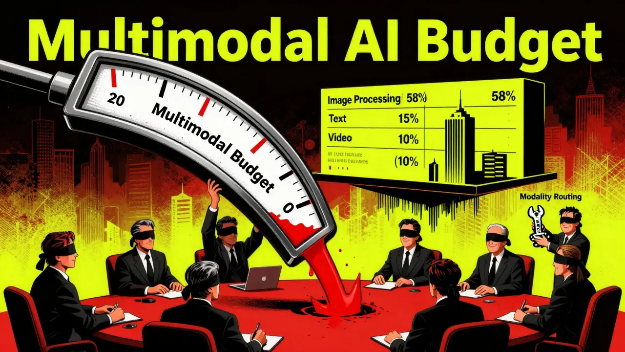 Boardroom scene with executives ignoring a collapsing AI budget gauge, while a worker adjusts a token valve.