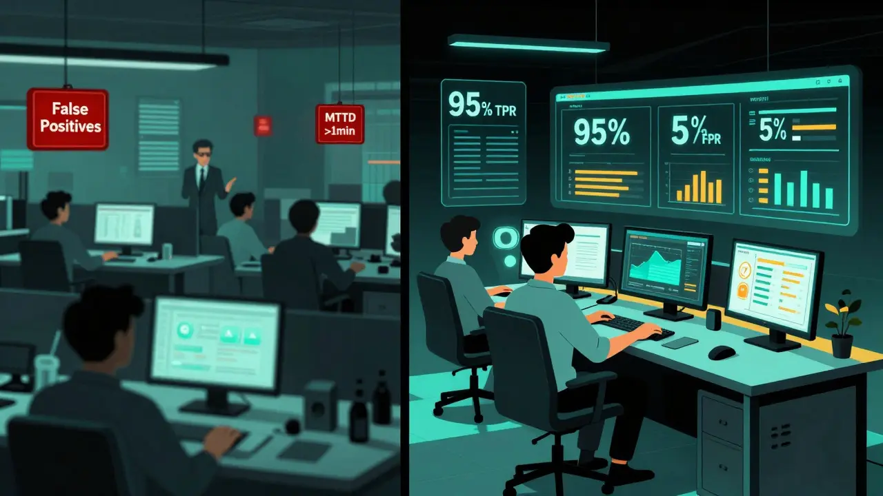 Contrasting chaotic security neglect vs. calm, data-driven monitoring in geometric poster style.