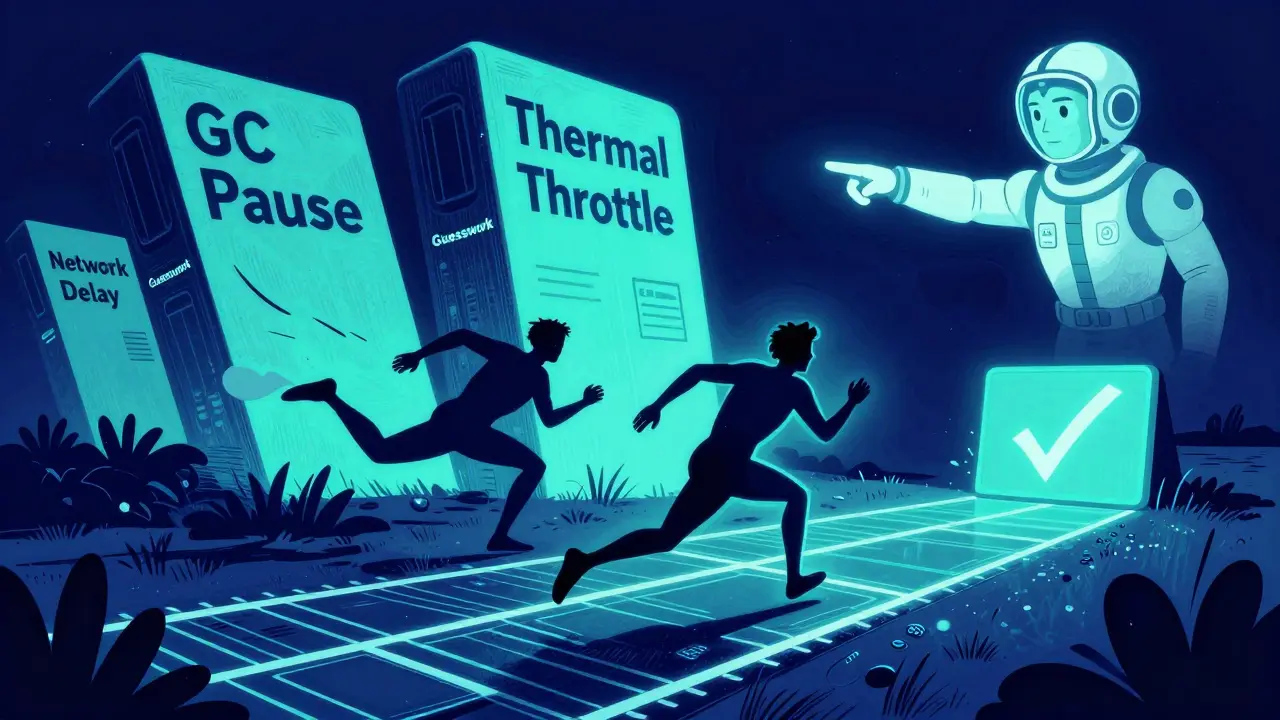 Runner on CPU track dodging performance obstacles, guided by AI co-pilot toward a checkmark finish line.