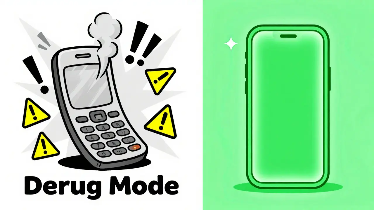 Side-by-side comparison: sluggish phone with chaos vs smooth-running phone with glowing cache icon.