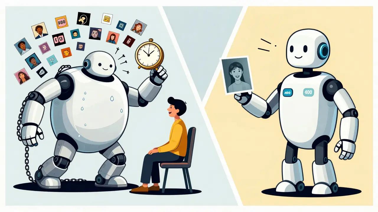 Split illustration of a slow, overloaded AI versus a fast, optimized one, with tokens and user reactions.