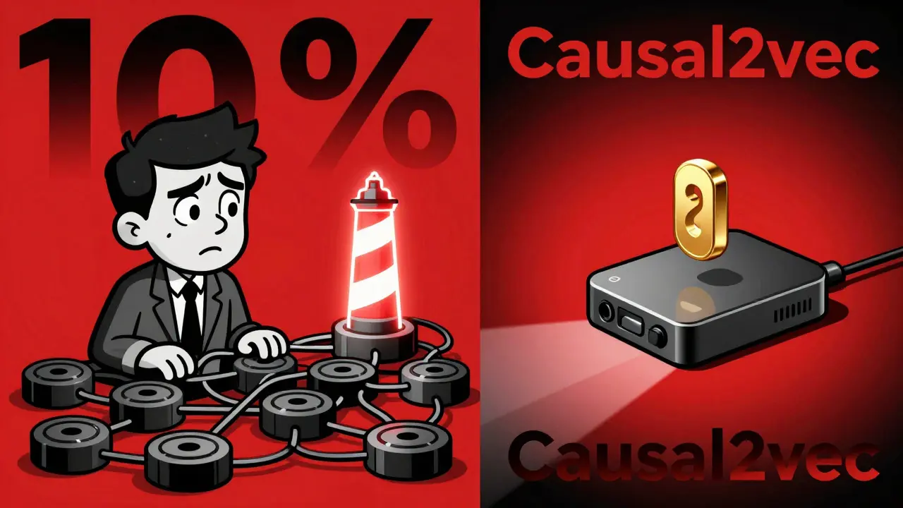 Split scene: left shows recency bias with glowing end tokens, right shows a golden contextual token preserving causal structure.