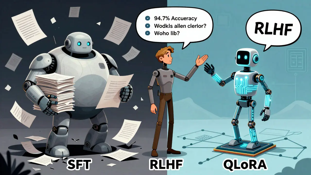 Three AI model characters — SFT, RLHF, and QLoRA — depicted as stylized figures with contrasting reasoning abilities and hardware bases.