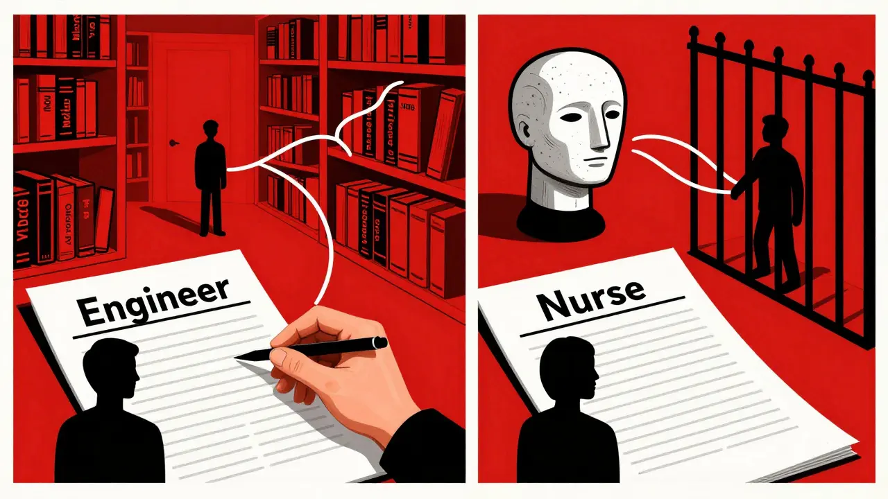 Two job applications being steered by invisible stereotypes, with an AI mind connecting them to societal data sources in high-contrast illustration.