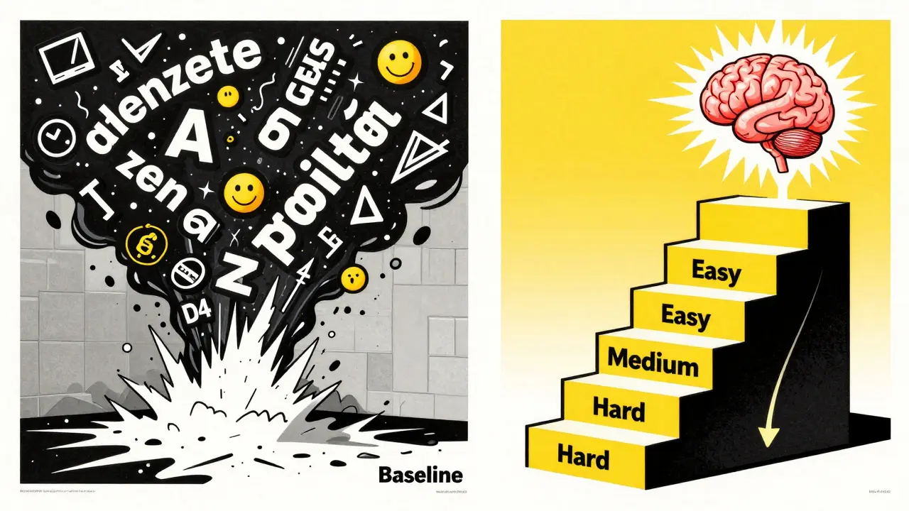 Two training paths: chaotic random data vs. ordered staircase to an efficient AI brain, in bold Polish poster style.