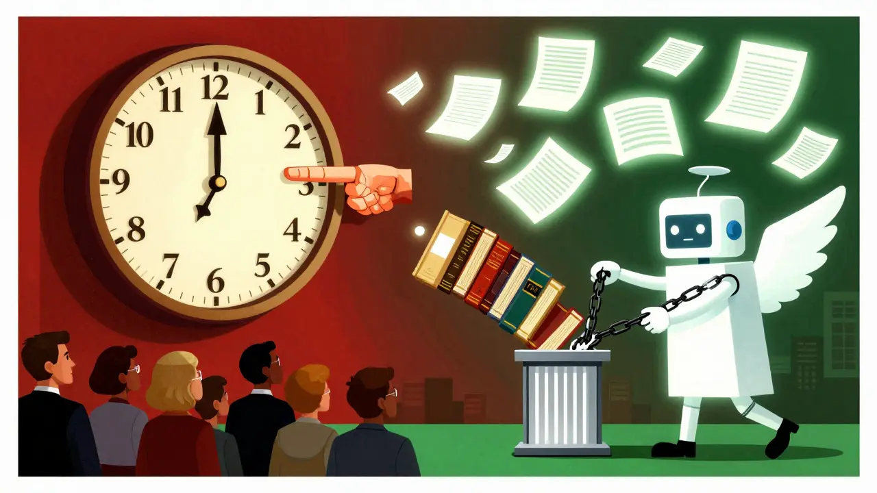 A clock of legal books chimes 2 a.m. as an AI guardian destroys outdated rules, replaced by glowing new regulations in Polish poster style.