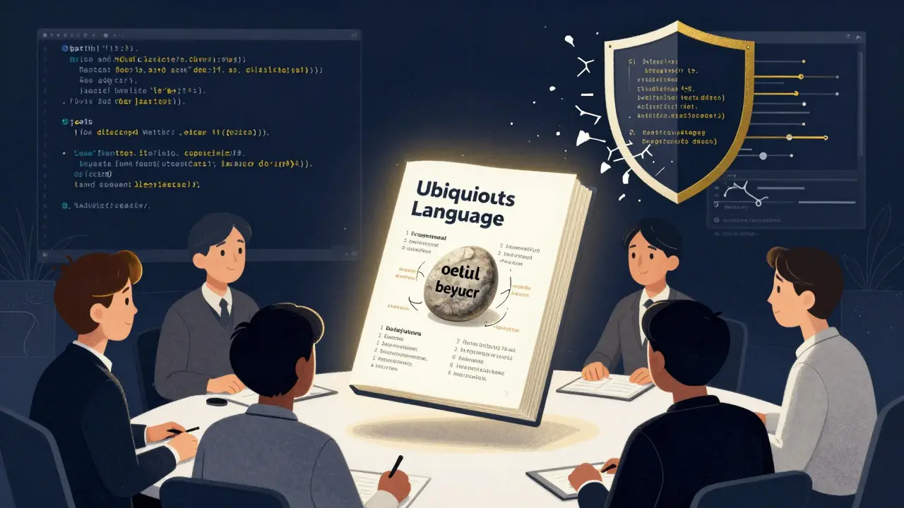 A glowing Ubiquitous Language dictionary halting AI-generated chaos with a protective validation shield.