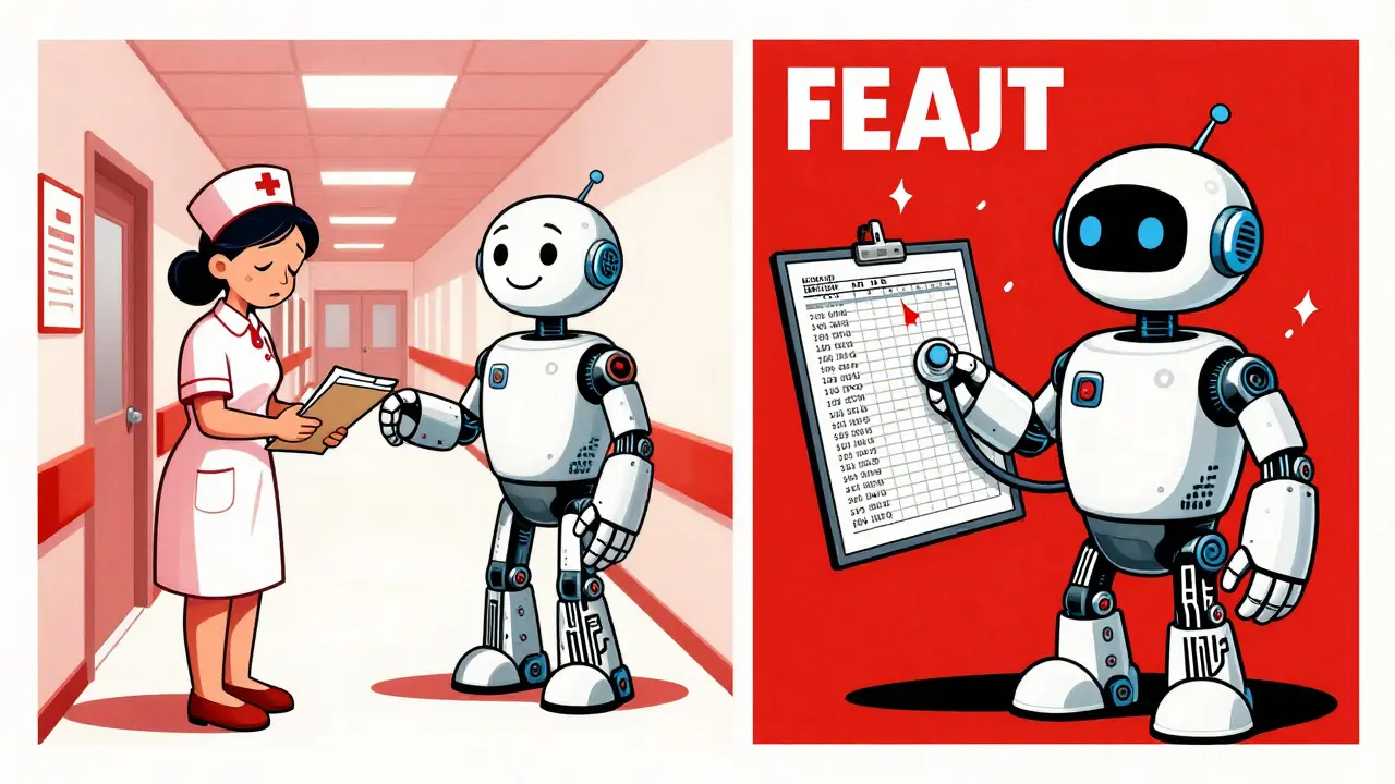 A nurse hands a file to a stethoscope-shaped AI bot that scans thousands of patient records with red alert flags, in stylized poster art.