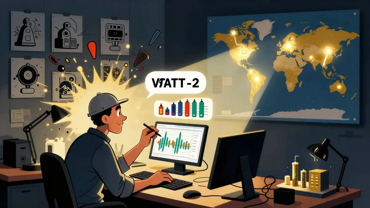 An engineer struggles to sync multimodal data while a successful model glows on the wall behind them.