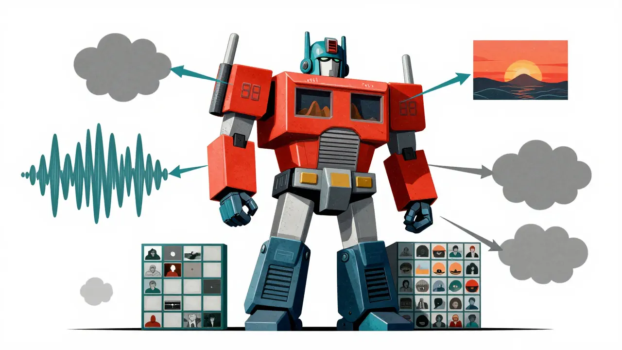 Geometric shapes representing text, audio, and video align into a central transformer core with connecting vectors.