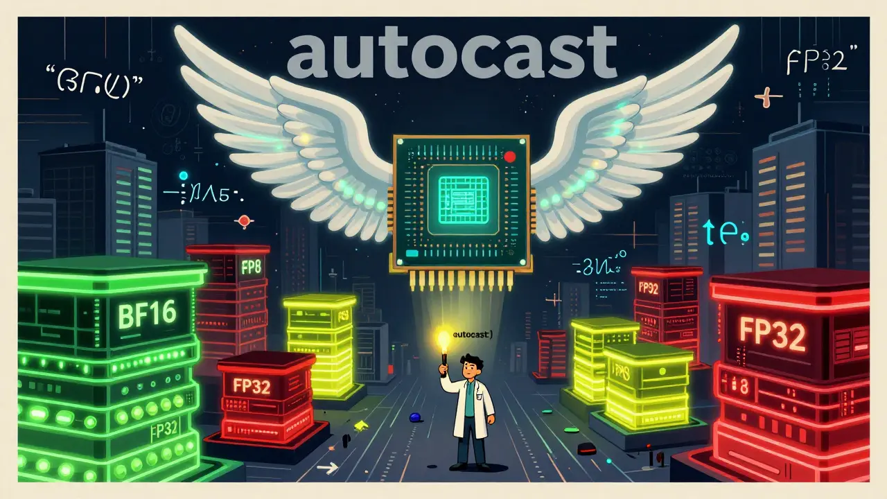 A GPU with wings flies over data center buildings, illuminating layers with different precision levels in vibrant poster style.