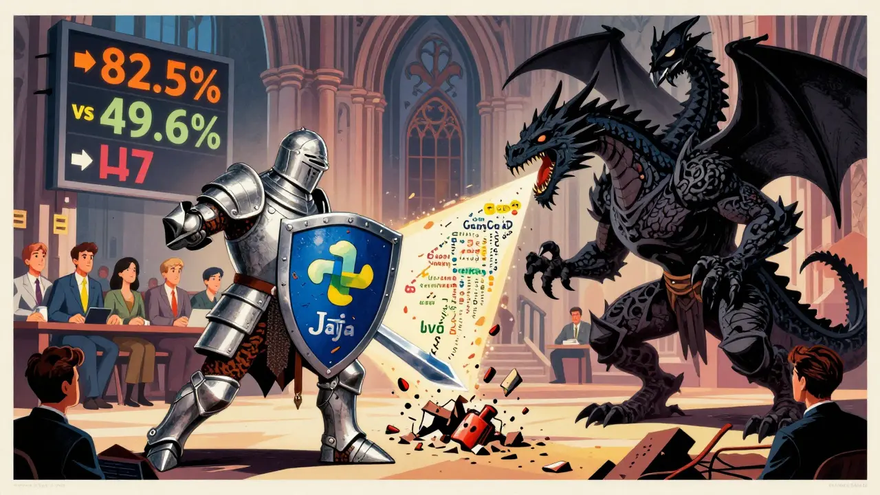 A knight-like code model defeating a dragon of flawed AI suggestions in a digital battlefield with performance scores visible.