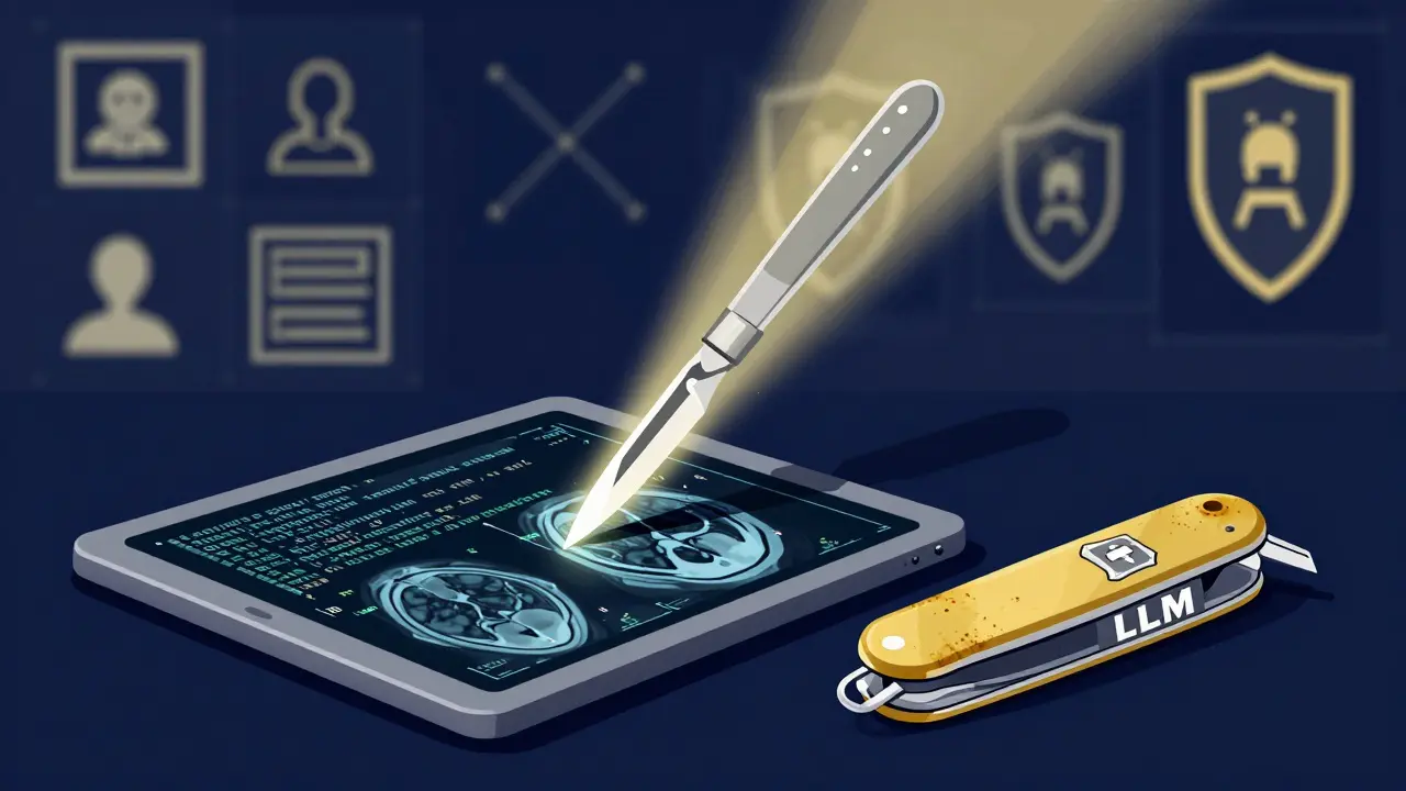 A precise code scalpel analyzes a medical X-ray, while a bulky Swiss Army knife sits unused.