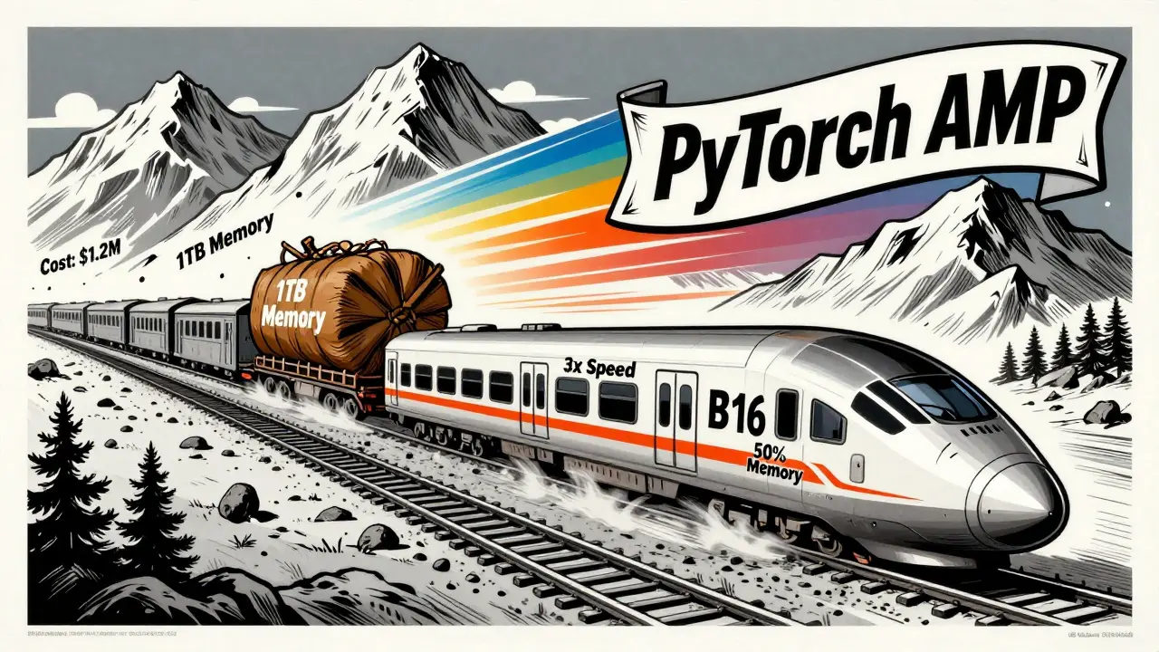 A slow FP32 train is stuck while a fast BF16 train races past, with PyTorch AMP banner flying in stylized poster art.